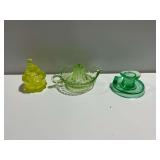 Uranium Glass Including Figural Powder Jar, Juicer and Candlestick