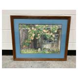 Framed Watercolor Painting of Barn and Roses
