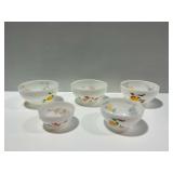 (5) Anchor Hocking Fire King Milk Glass Bowls with Fruit and Floral Motifs