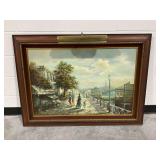Framed Oil Painting on Canvas Cityscape Signed P. Smith with Attached Light...needs new bulb