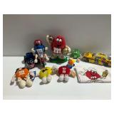 (4) M & M Plush Toys and (3) M & M Plastic Dispensers with Tin