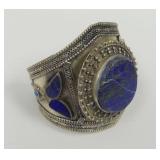 Tibetan Silver Cuff Bracelet with Blue Inlay Stones and Granulation Work