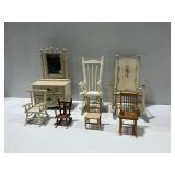 Wooden Miniature Furniture Pieces Including Dresser and Rocking Chairs