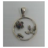Sterling Silver Floral and Fauna Motif Pendant with Tri-Color Inlay