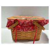 1990 Longaberger Hand-Woven Wooden Picnic Basket with Hand-Painted Lid and Red Bandana Liner