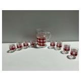 Glass Pitcher and Tumbler Set with Red Checkered Pattern