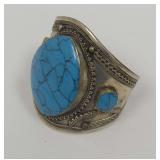 Cuff Bracelet with Blue Stabilized Howlite Stones and Filigree Metalwork