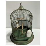 Green Painted Metal Birdcage with Wooden Perches and Feeders