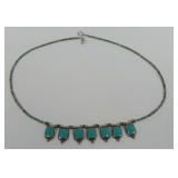 Turquoise and Silver Tone Bead Necklace with Dangle Pendants
