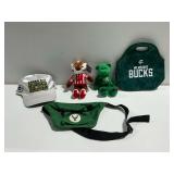 Wisconsin Sports Fan Lot: Packers Hat, Milwaukee Bucks Bags, and Plush Toys
