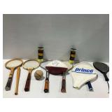 Tennis Rackets, Wooden Bats, Football, Softball, and Tennis Ball Cans
