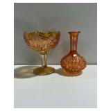 Marigold Carnival Glass Vase and Compote