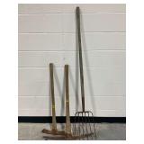 Mattock, Pick and Pitchfork with Wooden Handles