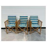 (3) Wooden Folding Chairs with Blue and White Striped Fabric