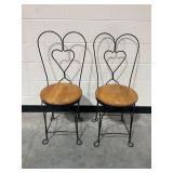 (2) Wrought Iron and Wooden Heart Back Ice Cream Parlor Chairs