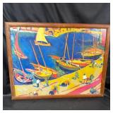 Framed Harbor Scene Painting on Canvas