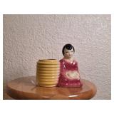Ceramic Figural Vase with Woman and Yellow Barrel