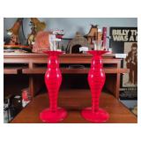 Red Glass Candleholders With Stripes