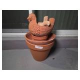Terracotta Pots and Chicken Sculpture