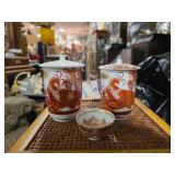 Japanese Kutani Lidded Yunomi Tea Cups & Small