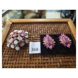 1960's Pink rhinestone Brooch w/ Matching