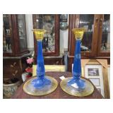 Blue & Yellow Glass Candlesticks
