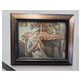 Framed Pastoral Scene Painting - Woman Knitting