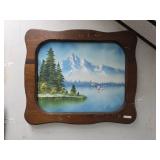 Wood Framed Landscape Painting w/ Mountain Scene