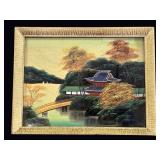 Showa Japanese Silk Pagoda Landscape Framed