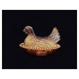 Amber Pressed Glass Hen on Nest Covered Dish