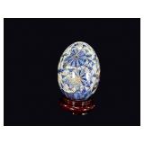 Chinese Porcelain Egg Blue Gilt Floral on Stand