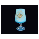Blue Satin Glass Footed Vase Enamel Rose