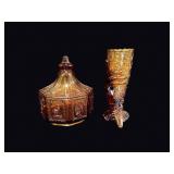 Amber Pressed Glass Lidded Dish & Hand Vase
