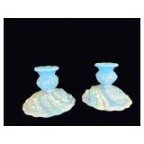 Blue Slag Glass Candlesticks Bowls Console Set