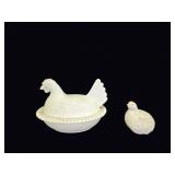 Milk Glass Hen on Nest Dish and Quail Figure