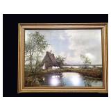 Dutch Thatched Cottage Print Gilt Frame L20thC