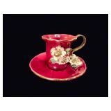 Demitasse Cup Saucer Oxblood Applied Flowers