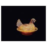 Amber Pressed Glass Hen on Nest Dish c1950
