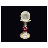Etched Glass Globe on Cranberry Glass Stand