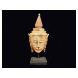 Carved Wood Buddha Head 20th C on Stand