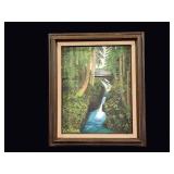 Late 20th C Oil Waterfall Forest Bridge Framed