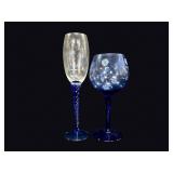 Cobalt Blue Stem Etched Glass Flute and Goblet
