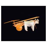 Folk Art Carved Wood Ox Cart with Oxen Pair