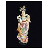 Famille Rose Porcelain Lady Children Deer 21in