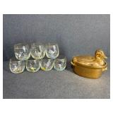 Lot of Duck Glasses and Lidded Serving Dish