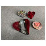 4 - Art Glass Heart Paperweights and Dish