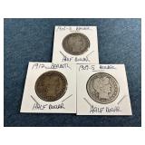 1906-D, 1909-S & 1912 Barber Silver Half Dollars