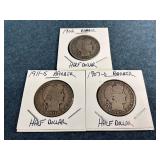 1902, 1907-O & 1911-S Barber Silver Half Dollars