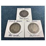 1906, 1908-O & 1912-D Barber Silver Half Dollars
