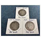 1906-O, 1909 & 1915-D Barber Silver Half Dollars